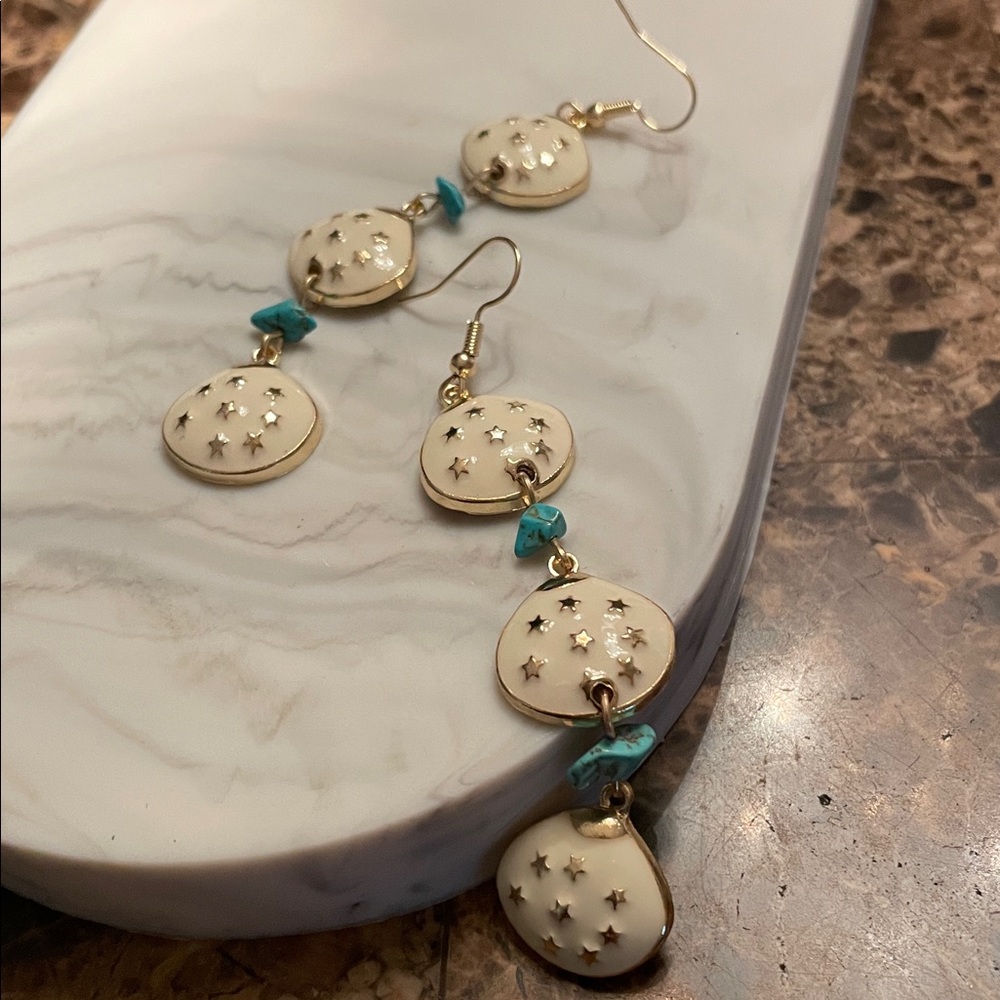 Elegant Gold and White Star Shell And Turquoise Stone Dangle Earrings - Picture 9 of 11